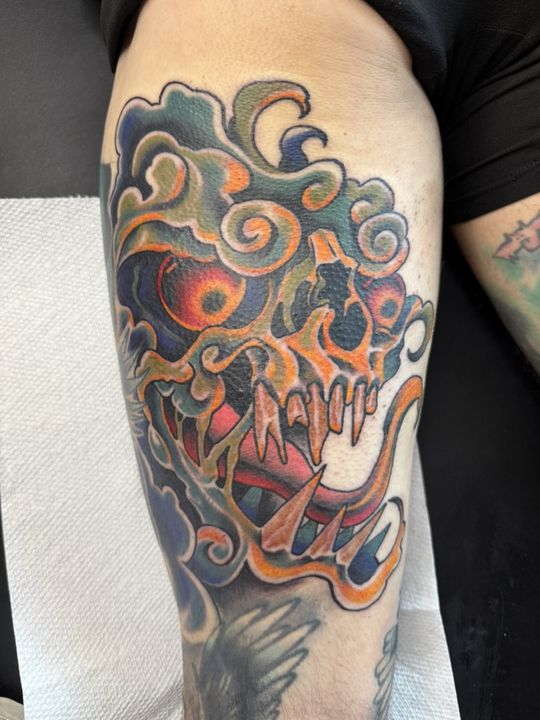 Cloud monster skull, colour — tattoo at Stingray Tattoo, Regina