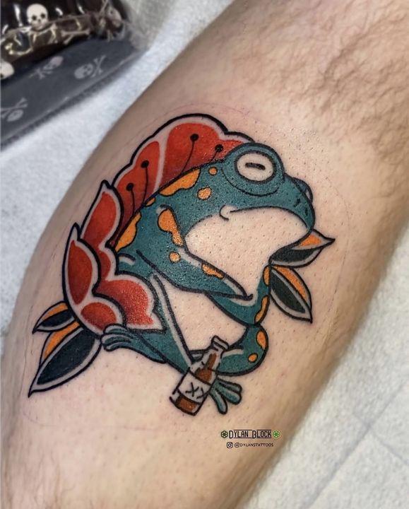 Frog with sake bottle, tattoo by Dylan Block at Stingray Tattoo, Regina