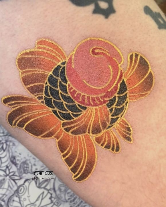 Goldfish in bold colour, tattoo by Dylan Block at Stingray Tattoo, Regina