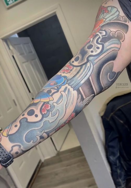 Japanese-style sleeve, tattoo by Dylan Block at Stingray Tattoo, Regina