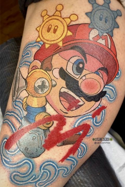 Super Mario piece in full colour, tattoo by Dylan Block at Stingray Tattoo, Regina