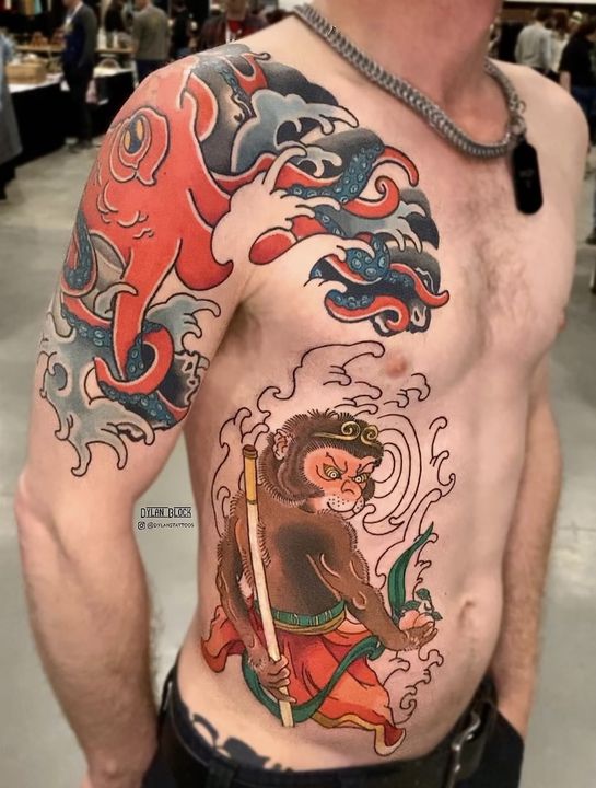 Octopus and monkey warrior, chest and torso, tattoo by Dylan Block at Stingray Tattoo, Regina