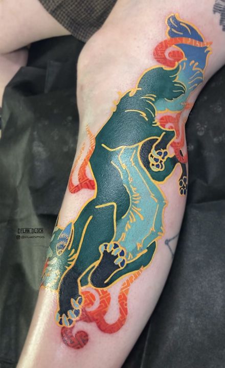 Teal panther with fire, tattoo by Dylan Block at Stingray Tattoo, Regina