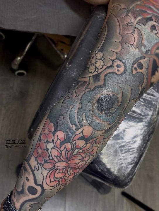 Japanese sleeve with peony, tattoo by Dylan Block at Stingray Tattoo, Regina