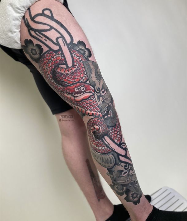 Japanese-style snake, full leg, tattoo by Dylan Block at Stingray Tattoo, Regina