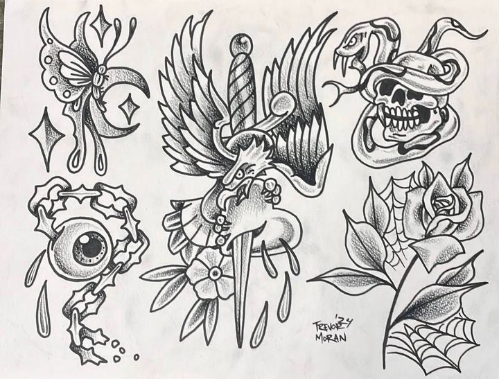Flash sheet of dagger, skull, snake and eyeball by Trevor Moran