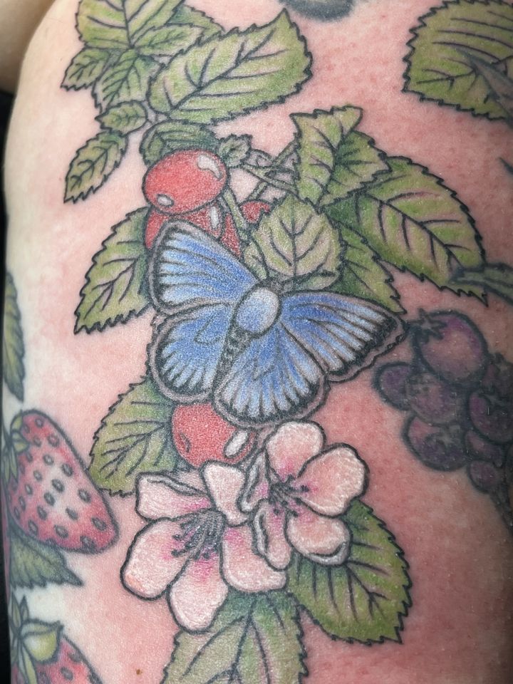Butterfly, berries and blossoms in colour, tattoo by Lisa Loewen at Stingray Tattoo, Regina